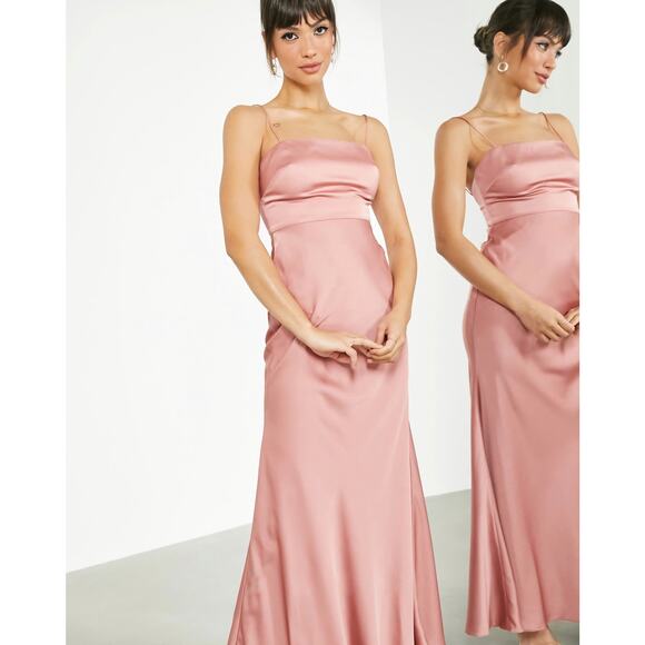 ASOS DESIGN Bridesmaid satin square neck maxi dress with tie back in dusky rose - Picture 1 of 9